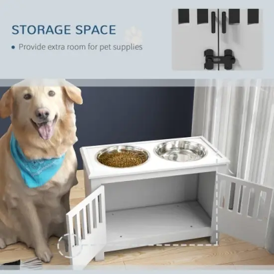 Gulches PawHut Large Elevated Dog Bowls with 37L Storage Cabinet - White image {8}