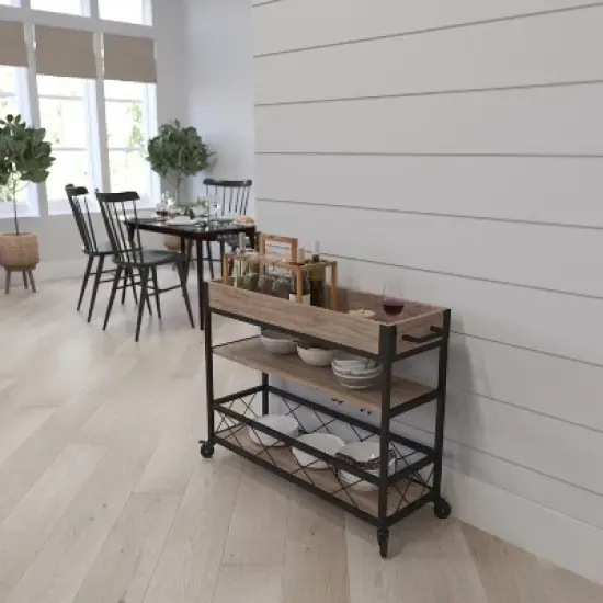 Merrick Lane Rolling Kitchen Serving and Bar Cart with Shelves and Wine Glass Holders in Distressed Light Oak Wood and Black Iron image {1}