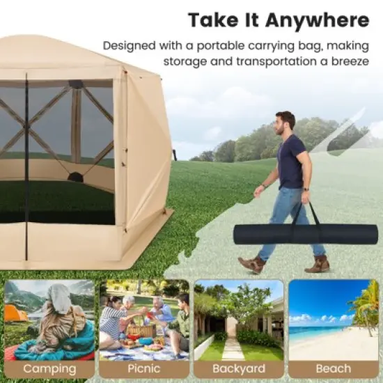 Costway 11.5 X 11.5 FT 6-Sided Pop-up Screen House Tent With 2 Wind Panels for Camping Coffee/Green image {8}