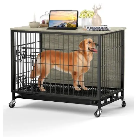 Whizmax Dog Crate Furniture, 32.5'' Wooden Dog Kennel with Wheels and Double Door, Decorative Pet House with Removable Tray for Living Room, Bedroom image {9}