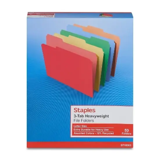 Staples Heavyweight File Folders 1/3-Cut Tab Letter Size Assorted Colors 50/Box (ST18363-CC) 810351 image {3}