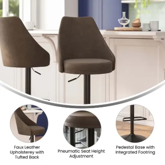 Flash Furniture Chrishelle Set of 2 Commercial Adjustable Height Barstools with Upholstered Tufted Seats and Pedestal Base with Footring, Black image {5}