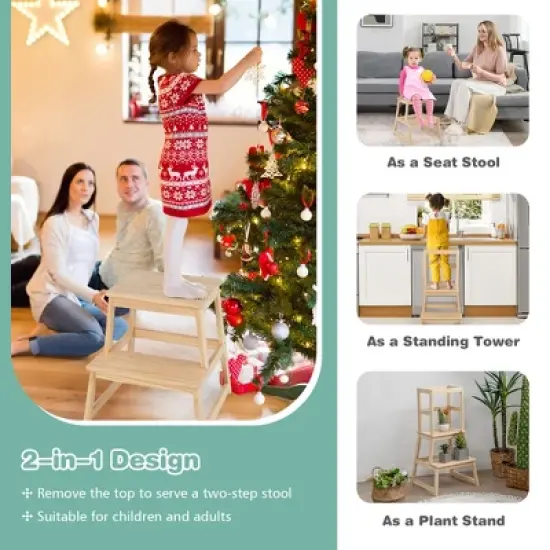 Costway Kids Kitchen Step Stool Kids Standing Tower with Safety Rails White\Nature image {4}