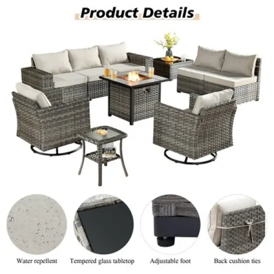 Marlton 10pc Wicker Outdoor Fire Pit Patio Furniture Set Conversation Sofa with Swivel Chairs and Cushions image {10}