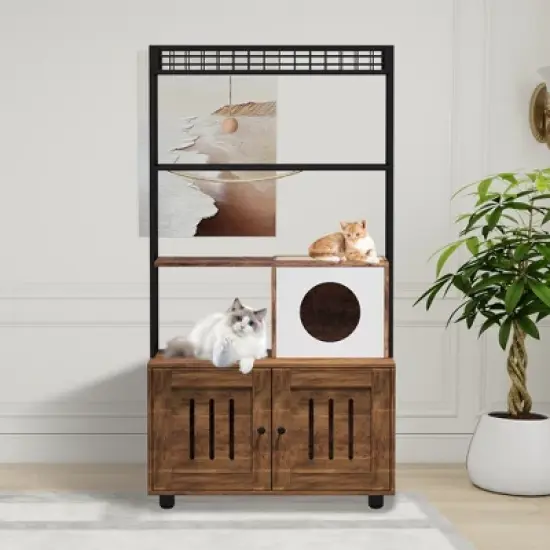 COZONY 60" Cat Litter Box Enclosure with Shelf Storage &mdash; 2-in-1 Wooden Cat House Condo, Reversible Entrance, Sisal Hammock & Playing Ball for Cats image {7}