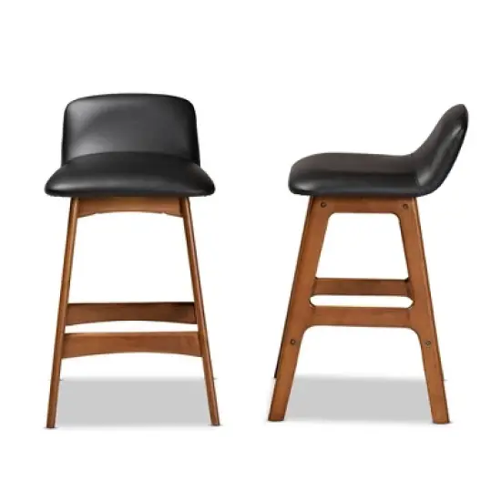 2pc Darrin Faux Leather and Wood Counter Height Barstools Black/Walnut/Brown - Baxton Studio image {2}
