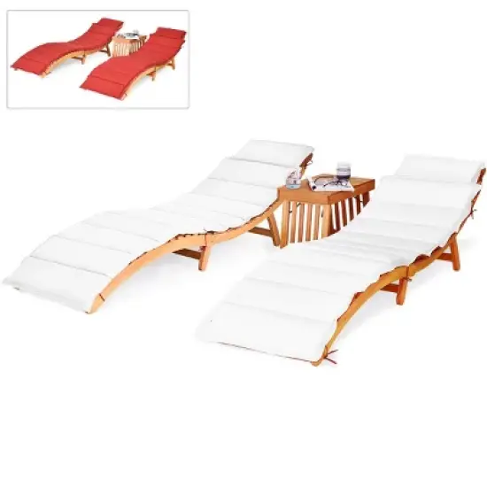 Tangkula 3 PCS Folding Eucalyptus Lounge Chair & Table Set w/ Double-sided Cushion image {2}