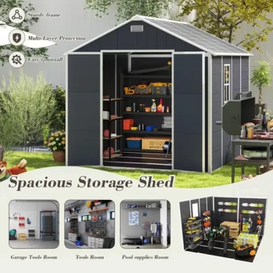 8*8ft resin storage shed, high quality pp material, strong structure, waterproof, rust and UV proof, large storage space,12mm thick pp board,Dark gray image {2}