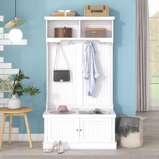 GustoWave 64.4''H Hall Tree Entryway Organizer with Storage Shoe Bench, Multi-Functional Coat Racks with 4 Hooks for Living Room, White image {2}