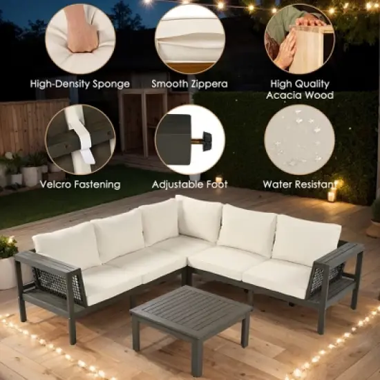 FIONECA 4-Piece Outdoor Acacia Wood Sofa Set, L-Shaped Patio Sectional with Coffee Table, Woven Armrests, Beige Cushions image {4}