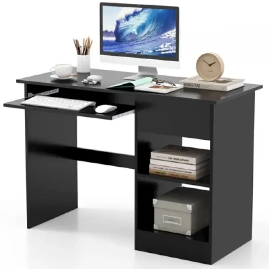 Costway Computer Desk Home Office Workstation Study Laptop Table with Keyboard Tray Drawer Black/White image {10}