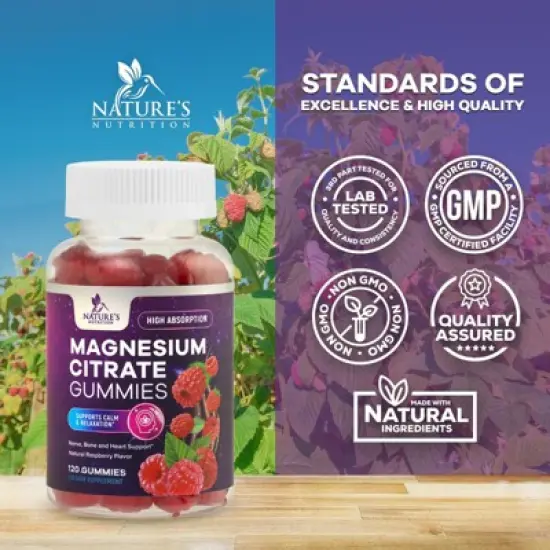 Magnesium Gummies Supplement - High Absorption Magnesium Citrate Supplement Adults & Kids, Calm Magnesio Gummy - 120 Gummies By Nature's Nutrition image {3}