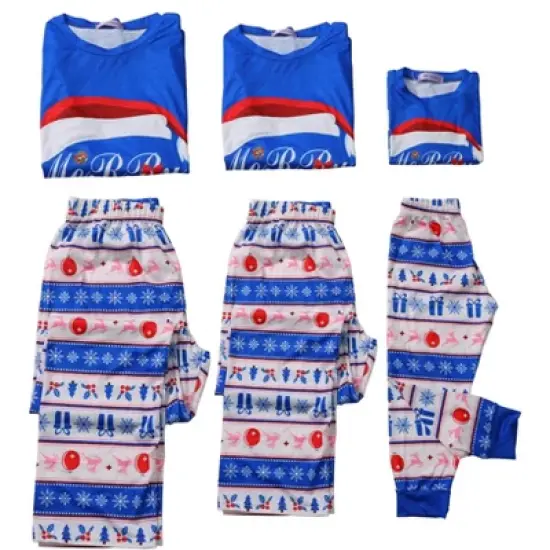 cheibear Christmas Cute Letters Print Long Sleeve Tee with Pants Loungewear Family Pajama Sets Blue image {2}