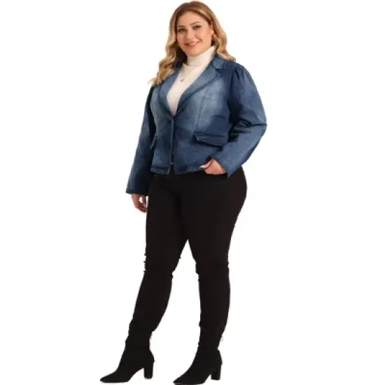 Agnes Orinda Women's Plus Size Denim Jackets Jean Notched Lapel Work Blazers image {2}
