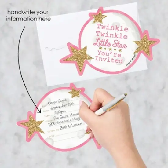 Big Dot of Happiness Pink Twinkle Twinkle Little Star - Shaped Invitations - Baby Shower or Birthday Party Invitation Cards with Envelopes - Set of 12 image {1}