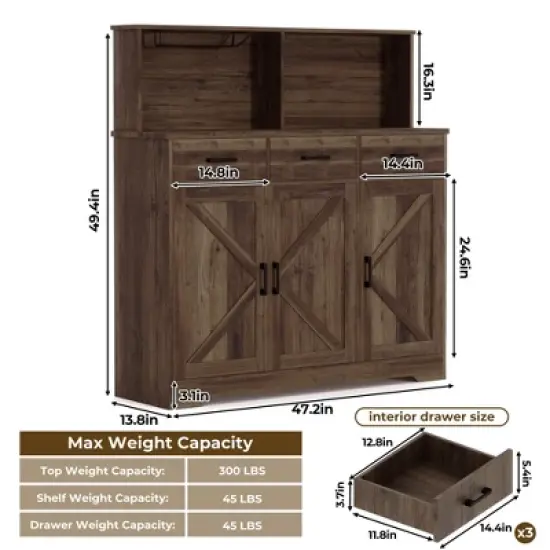 Farmhouse Sideboard Buffet Cabinet with Microwave Stand &ndash; Barn Doors, Drawers & Shelves image {1}