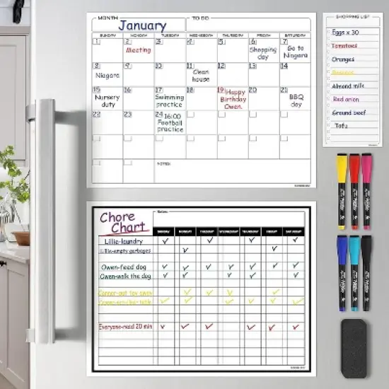 SCRIBBLEDO Magnetic Chore Chart Set 13"x17" Behavior Reward Chart, Monthly Calendar, Shopping List & 6 Markers & Eraser image {1}