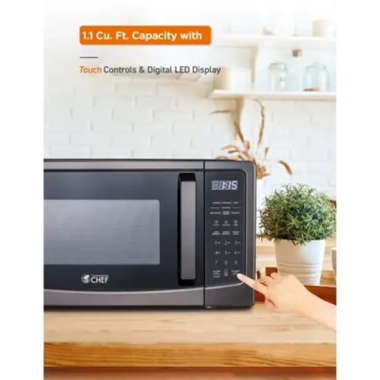 COMMERCIAL CHEF 1.1 Cu Ft  Countertop Microwave, with 10 Power Levels, Pull Handle Door, Turntable and Digital Controls, Black Stainless Steel image {5}