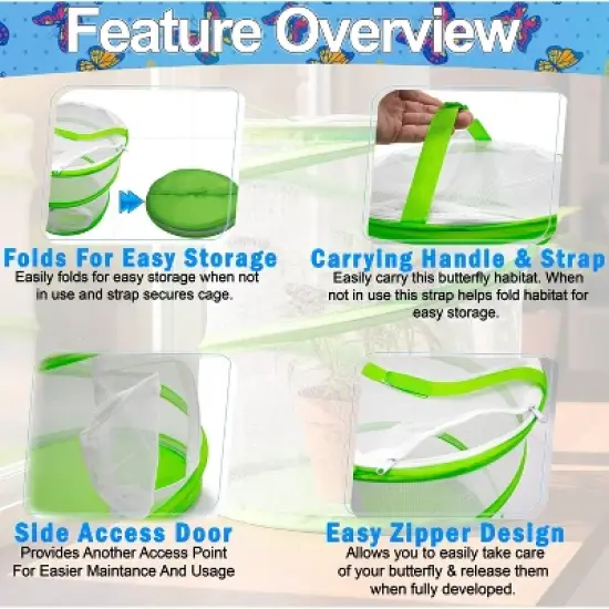 5 Star Super Deals Butterfly Growing Kit &ndash; 13" Tall Pop-Up Mesh Habitat Cage with Zipper Door, Carry Handle Insect Observation for Kids & Classrooms image {1}