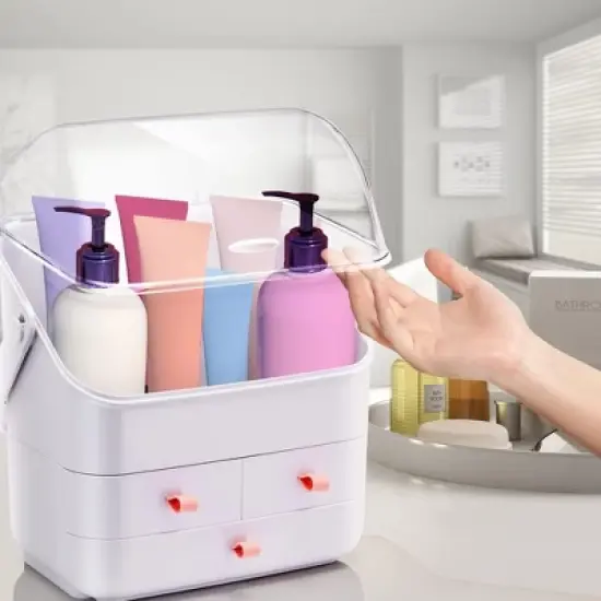 Cosmetics Organizer Countertop Makeup Holder, Plastic Caddy Skincare Organizers and Storage, Bathroom Shelf Organizer w/Portable Handle - Elavain image {4}