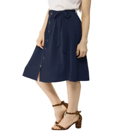 Allegra K Women's Button Front Casual High Waist Belted Midi Flare Skirt image {6}