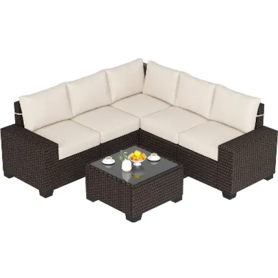 6 Pieces Outdoor Patio Furniture Set, Wicker Furniture Set, Patio Sectional Furniture Set with 5 Seat Cushions and 1 Glass Coffee Table image {3}