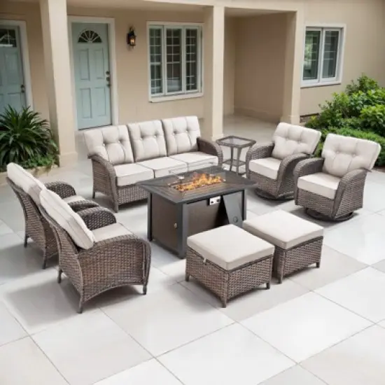Belord Brown Wicker 9 Piece Patio Furniture Set with 5" Thick Cushions, Outdoor Fire Pit Table Set with Swivel Gliding Rocker Chairs and Club Chairs image {2}