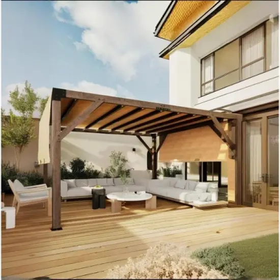 12x14 FT Wood Pergola with Retractable Shade Canopy, Wood Gazebo, Solid Structure, Durable Outdoor Pergola for Patio, Backyard, Deck, Garden image {5}