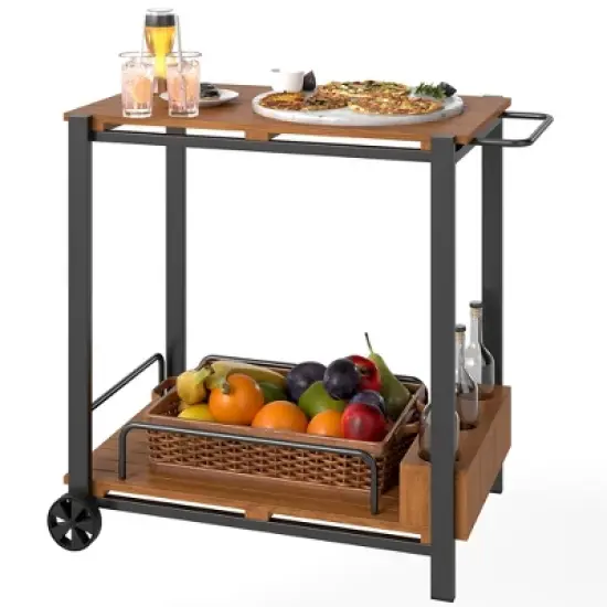 Outsunny Acacia Wood Outdoor Bar Cart with Wheels, Rolling 2-Tier Coffee & Drink Cart with 3 Bottle Holders, Outdoor Serving Cart for Patio, Teak image {6}