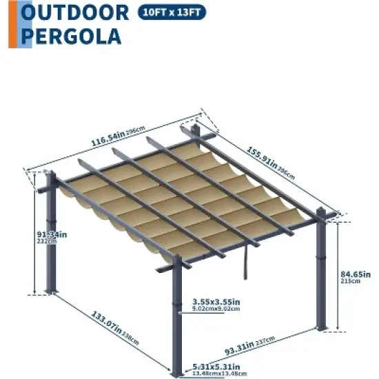 10x13ft Aluminum Pergola with Adjustable UV Waterproof Canopy Rust Resistant Frame Gray Curtains Easy Assembly image {2}
