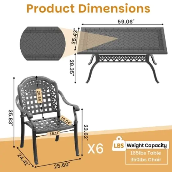 7-Piece Cast Aluminum Outdoor Dining Set: Rectangle Table, Stackable Chairs & Blue Cushions - All-Weather Patio Furniture for Your Backyard image {3}