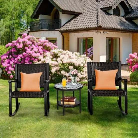 Tangkula 3-Piece Wicker Rocking Bistro Set Outdoor Conversation Set with Coffee Table image {2}