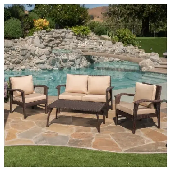 Honolulu Outdoor 4pc Wicker Seating Set and Cushions - Christopher Knight Home image {3}