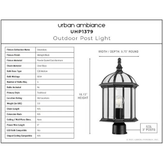 Urban Ambiance Luxury Transitional Outdoor Post Light 18.125''H x 9.75''W,  Midnight Black Finish,  Greensboro Collection, UHP1379 image {2}