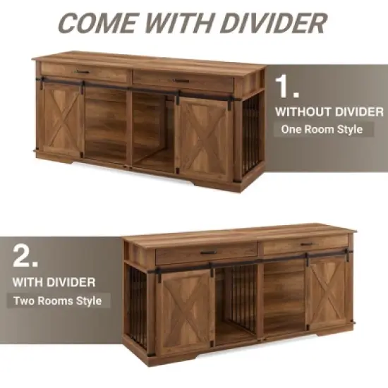 Large Dog Crate Furniture with Divider, Barn Door Design, Tabletop & Storage Drawers, Fits Dogs up to 200 lbs image {4}