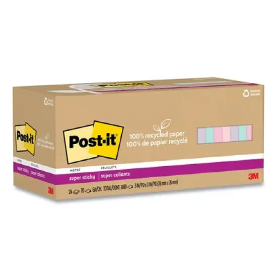 Post-it Notes Super Sticky 100% Recycled Paper Super Sticky Notes, 3" x 3", Wanderlust Pastels, 70 Sheets/Pad, 24 Pads/Pack image {4}