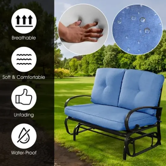 Costway Glider Outdoor Patio Rocking Bench Loveseat Cushioned Seat Steel Frame Blue image {5}