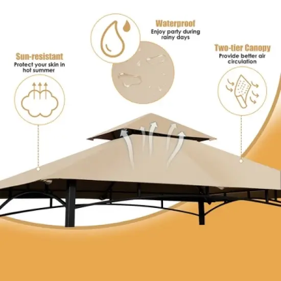 Costway 8' x 5' Outdoor Patio Barbecue Grill Gazebo w/ LED Lights 2-Tier Canopy Top Tan image {7}