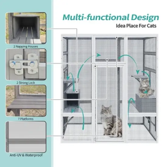 62"Wx70"H Outdoor Wooden Large Pet Enclosure With Anti-UV And Waterproof,7 Platforms And 2 Resting Boxes,Cat Shelter -Maison Boucle image {6}