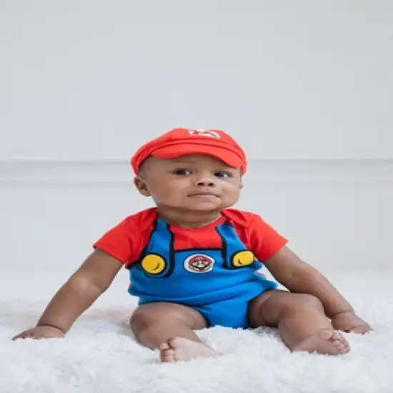 SUPER MARIO Nintendo Mario Luigi Baby Bodysuit and Hat Set Newborn to Infant image {1}