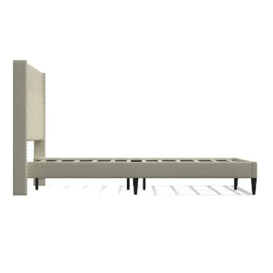 Glenwillow Home MCM Upholstered Platform Bed, Nailhead Trim Button Tufted MCM Wingback, Mattress Foundation, No Box Spring Needed, Beige, Queen image {3}