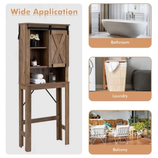 Costway Toilet Storage Rack with Sliding Barn Door & Adjustable Shelves, Rustic Brown image {8}