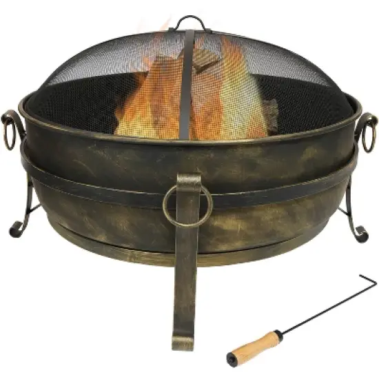 Sunnydaze Outdoor Camping or Backyard Round Cauldron Fire Pit with Spark Screen, Log Poker, and Metal Wood Grate image {8}
