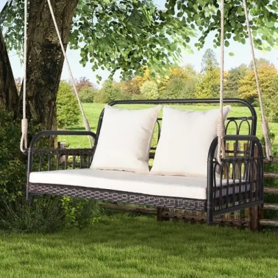 Tangkula Wicker Porch Swing 2-Person Outdoor Patio Hanging Chair w/ Cushions Mix Brown image {9}