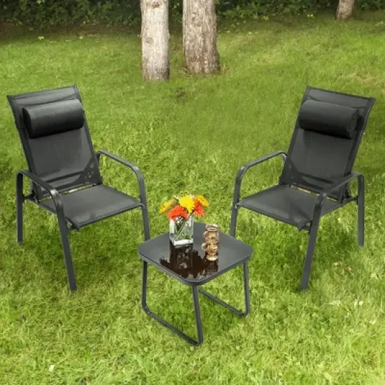 Costway 3PCS Patio Bistro Furniture Set Adjustable Back Stackable Chairs Brown\Black image {10}