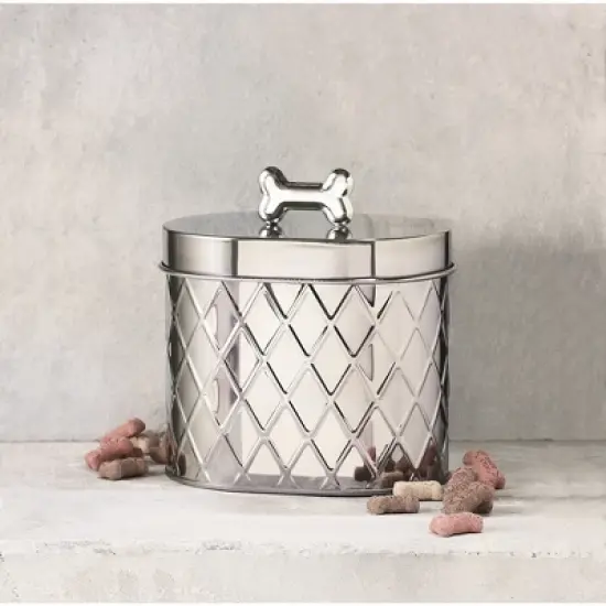 Amici Pet Chance Diamond Metal Canister - 52 Oz Stainless Steel Food Safe Storage with Silver Bone Handle Lid, Decorative Container - (6" H x 4.5" W) image {1}