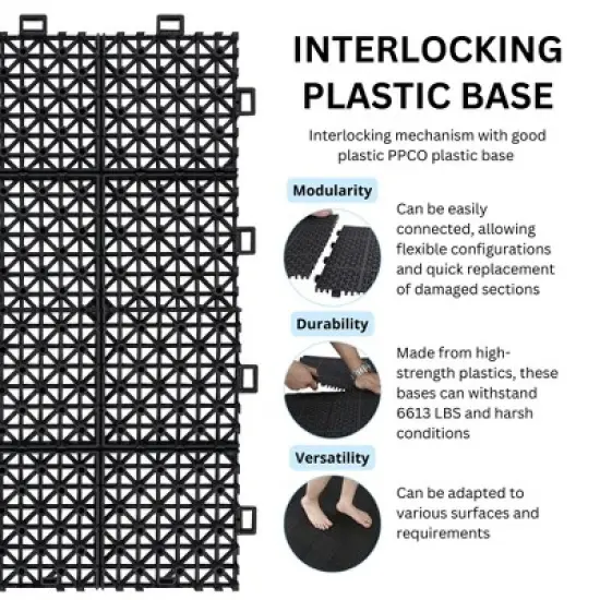 12 x 12 Inch Black Interlocking Deck Tiles Plastic Waterproof Outdoor All Weather Anti-slip , Rosette Pattern Pack of 12 image {5}