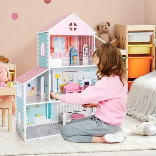 Costway Wooden Dollhouse For Kids 3-Tier Toddler Doll House W/Furniture Gift For Age 3+ image {2}