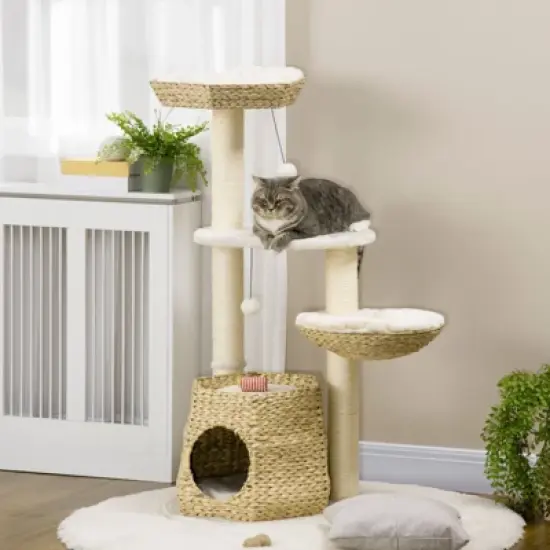 FURNIinspire Cat Tree Kitty Activity Center, Cat Climbing Toy with Cattail Fluff, Bed, Condo, Sisal Scratching Post, Natural, 19.8"*19.8"*46.8" image {3}