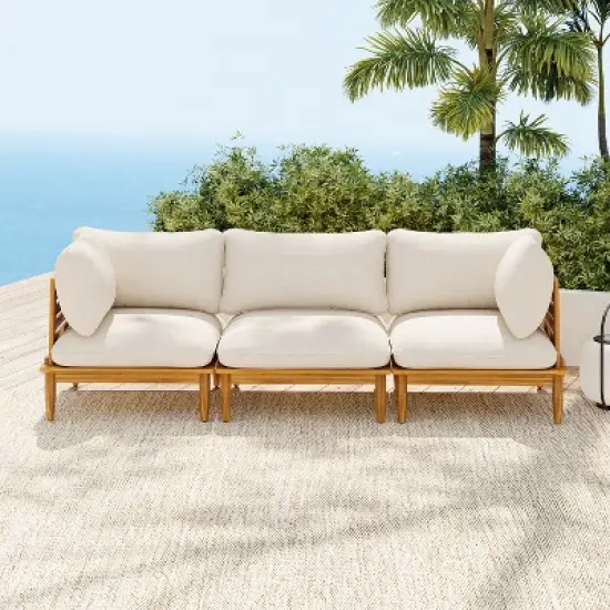Scott Living Sacova Outdoor Acacia Wood 3-Seater Sofa, Teak Finish Frame with Beige Cushion image {8}